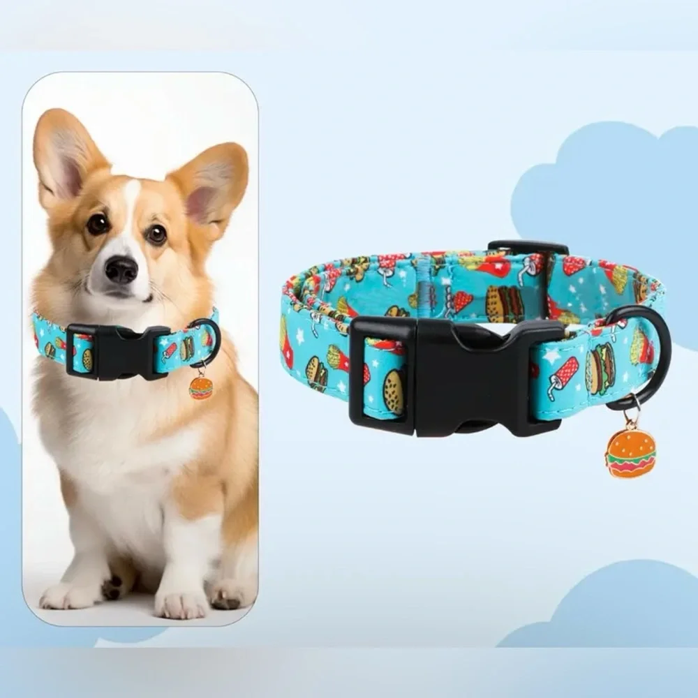 🆕 Colorful burger & fries Dog Collar with Burger Charm. One Xtra small/One Small